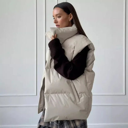 Women's Puffer Vest Stand-Up Collar Gray Black Apricot