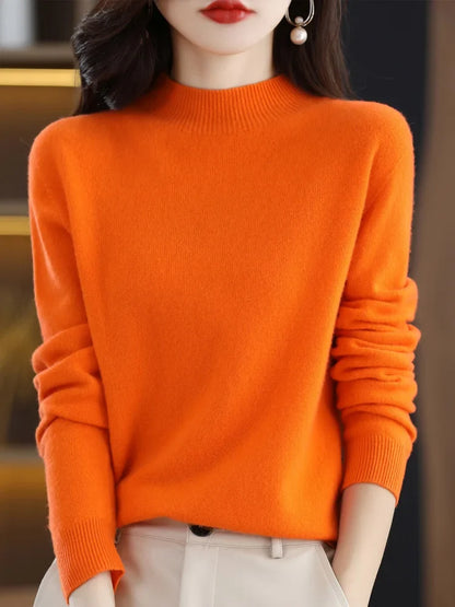 Women's sweater with stand-up collar, long-sleeved, fine-knit basic top