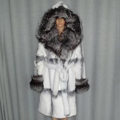 Women's coat with hood and faux fur trim, gray-white