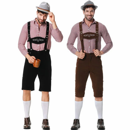 Herren Lederhose Trachtenkostüm kariertes Hemd Tracht Oktoberfest Braun Schwarz