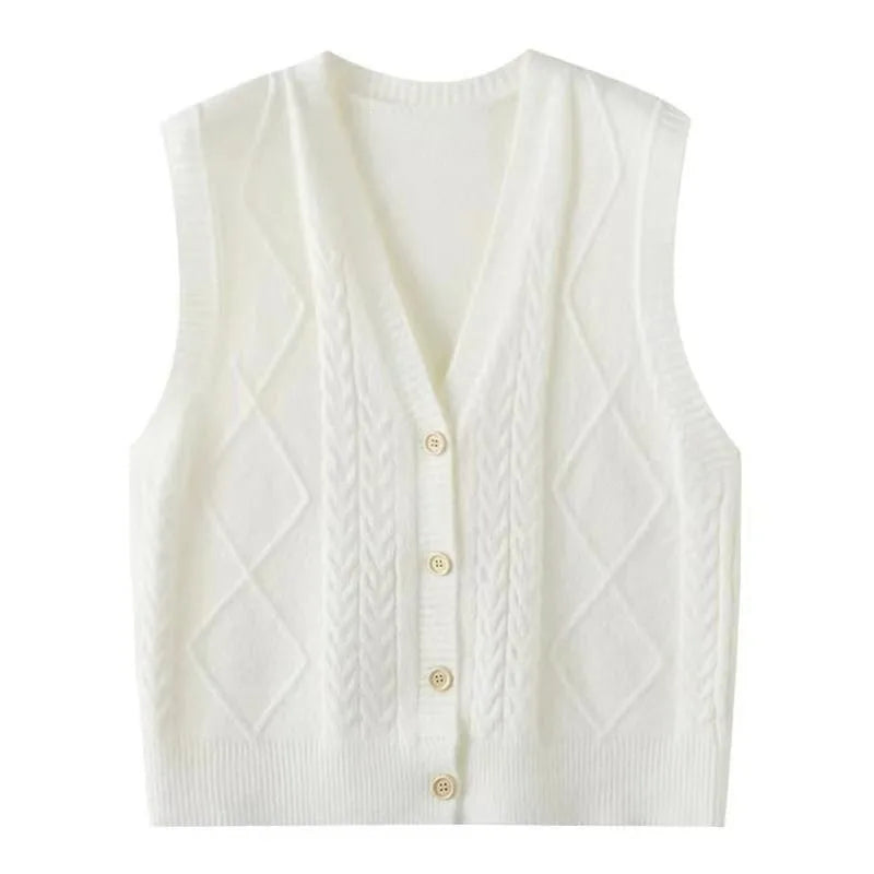 Women's Knit Vest with V-Neck, Cable and Diamond Pattern, Black