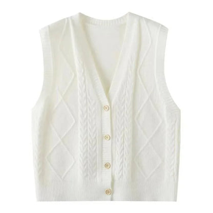 Women's Knit Vest with V-Neck, Cable and Diamond Pattern, Black