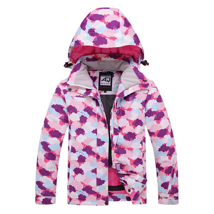 Bunte Outdoor-Jacke mit Kapuze und Muster, wasserabweisend