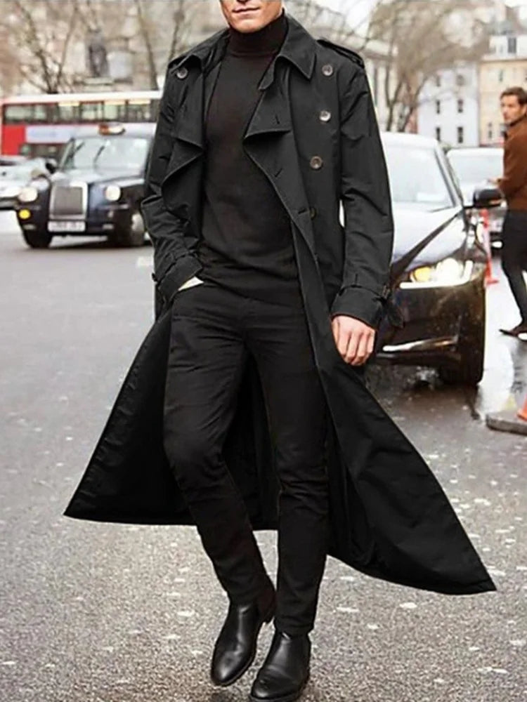Men's Long Double-Breasted Trench Coat Khaki Black Green Orange