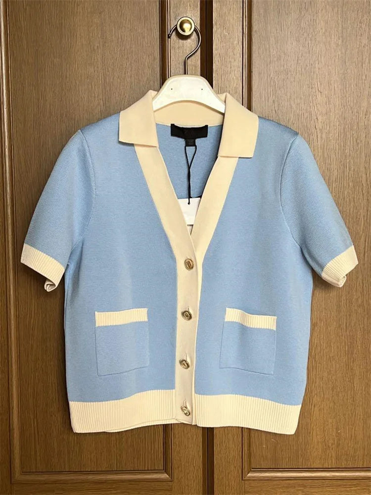 Short-Sleeved Knit Top with Collar and Buttons, Light Blue