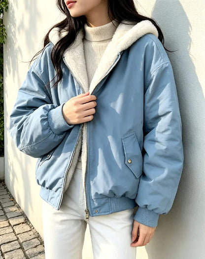 Damen Bomberjacke mit Kapuze Teddyfleece Wendbar Hellbeige