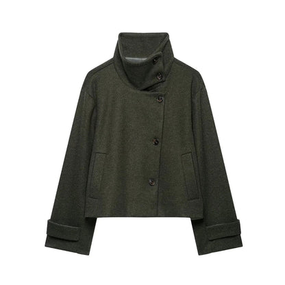 Kurze Damen Übergangsjacke mit Stehkragen und weiten Ärmeln, meliert