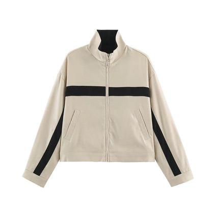Women's cropped jacket with zipper, stand collar, and block stripes