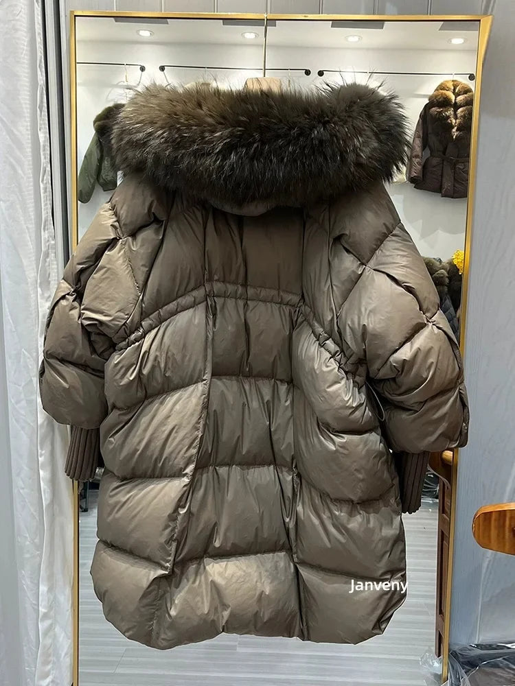 Women's winter quilted jacket with faux fur hood, khaki beige