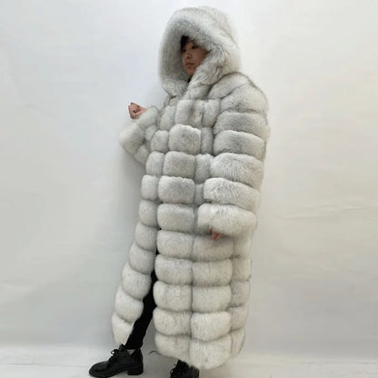 Women's long faux fur coat with hood - Black