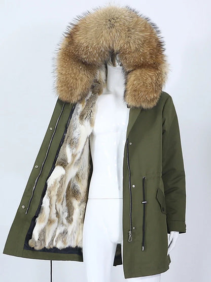 Women's winter parka with hood and fur trim, warm jacket, unisex