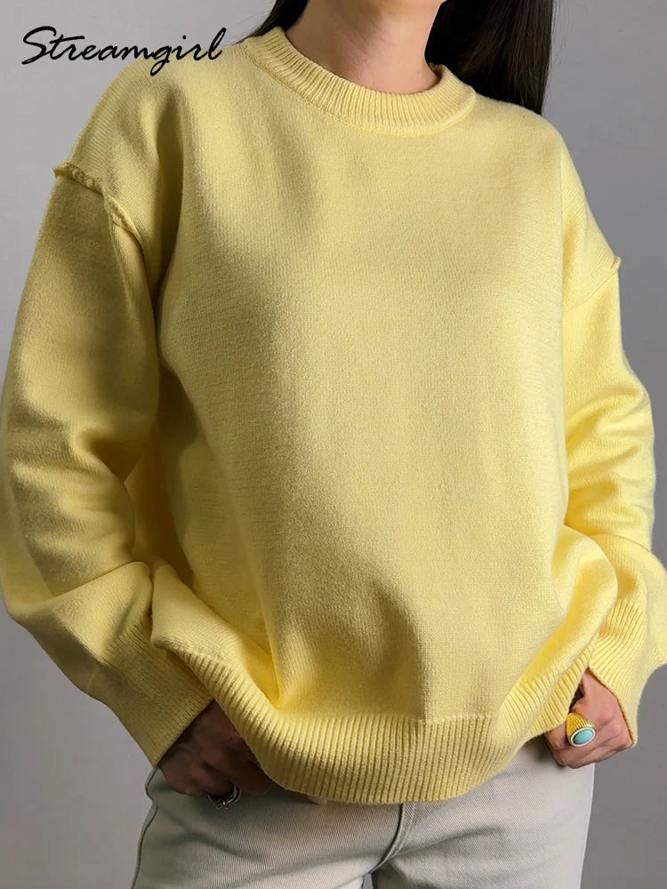 Women's Soft Oversized Crew Neck Long-Sleeve Knit Sweater Yellow