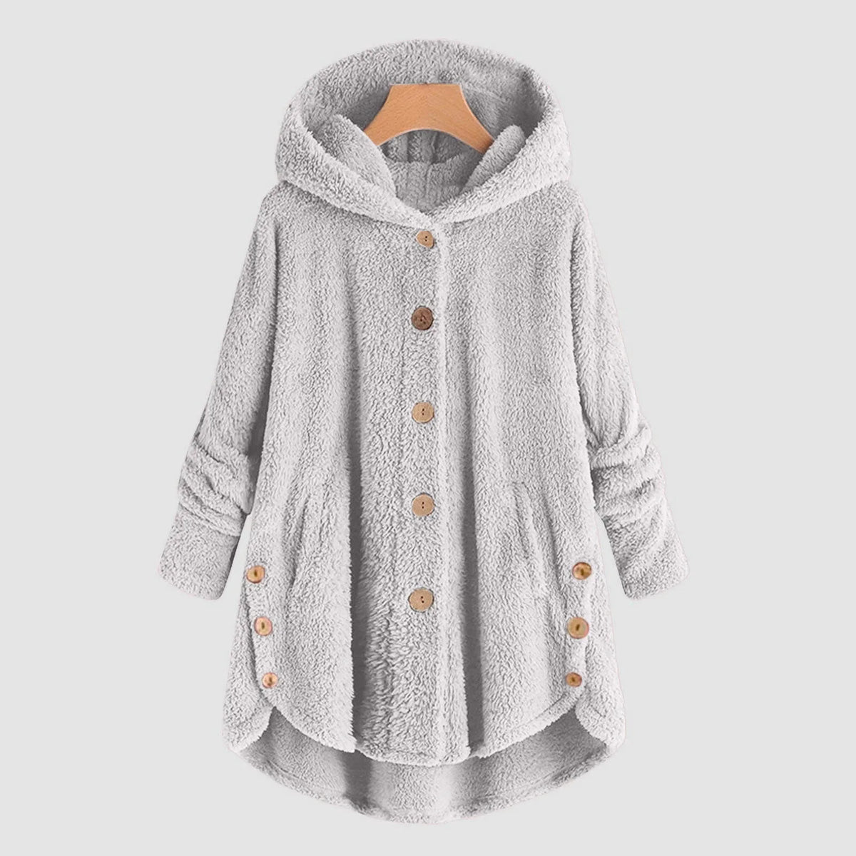 Damen Fleecejacke mit Kapuze Teddy-Optik Langarm Knopfleiste unregelmäßigem Saum