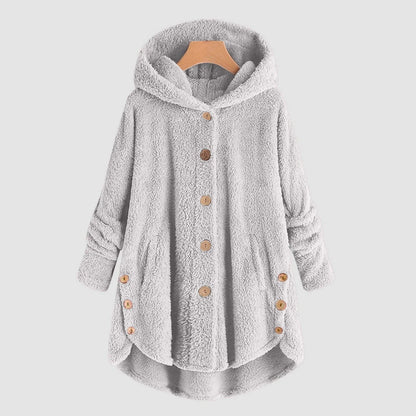 Damen Fleecejacke mit Kapuze Teddy-Optik Langarm Knopfleiste unregelmäßigem Saum