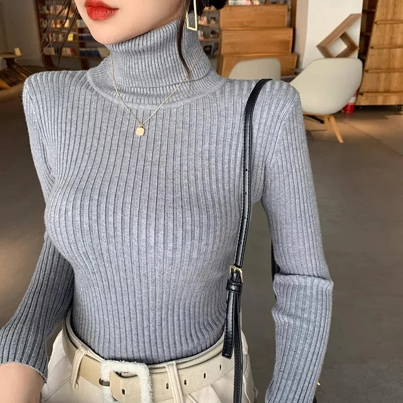 Women's ribbed long-sleeved turtleneck sweater, slim fit