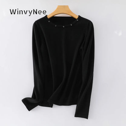 Damen Langarmshirt mit Rundhalsausschnitt und Zierknöpfen