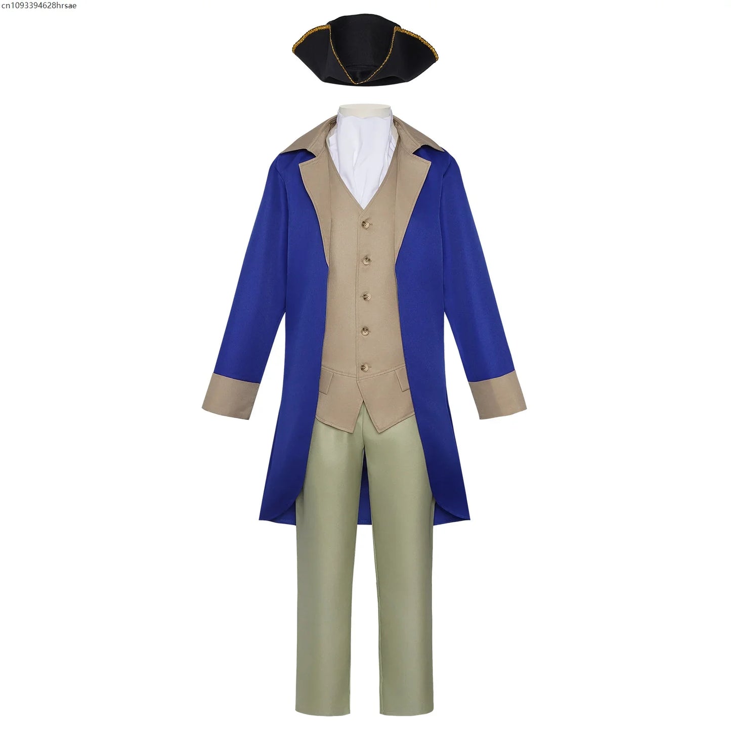Men's historical costume set, blue and beige frock coat, vest, trousers, pirate hat