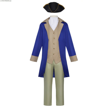 Men's historical costume set, blue and beige frock coat, vest, trousers, pirate hat