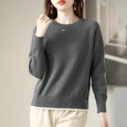 Women's Crew-Neck Long-Sleeved Fine-Knit Basic Top