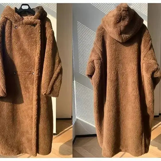Langer Teddy-Mantel mit Kapuze für Damen, flauschig braun