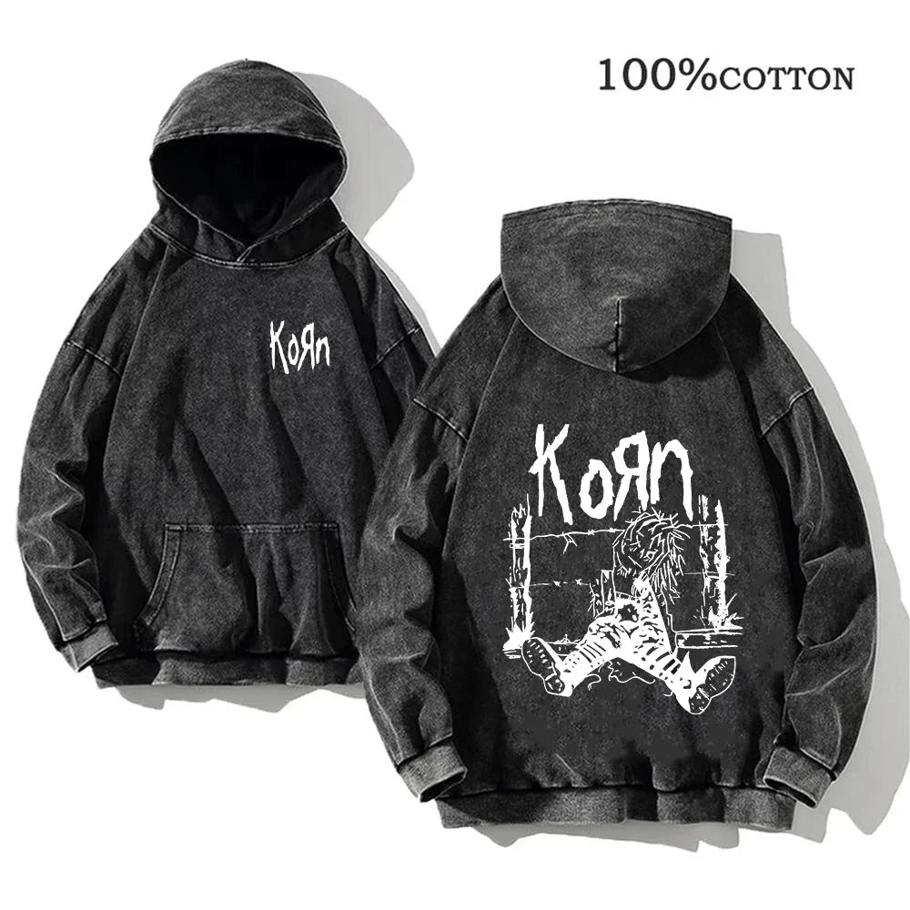 Hoodie Schwarz Grau Washed Oversize mit Band-Print Vorn & Hinten