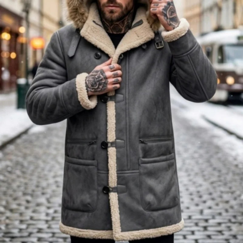 Men's winter parka with hood, teddy lining and toggle closure, gray