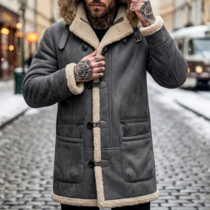 Men's winter parka with hood, teddy lining and toggle closure, gray