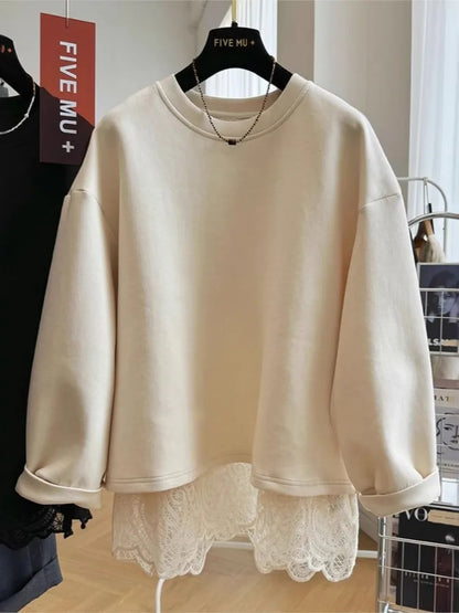 Damen Sweatshirt mit Spitzen-Layering und Rückenschlitz