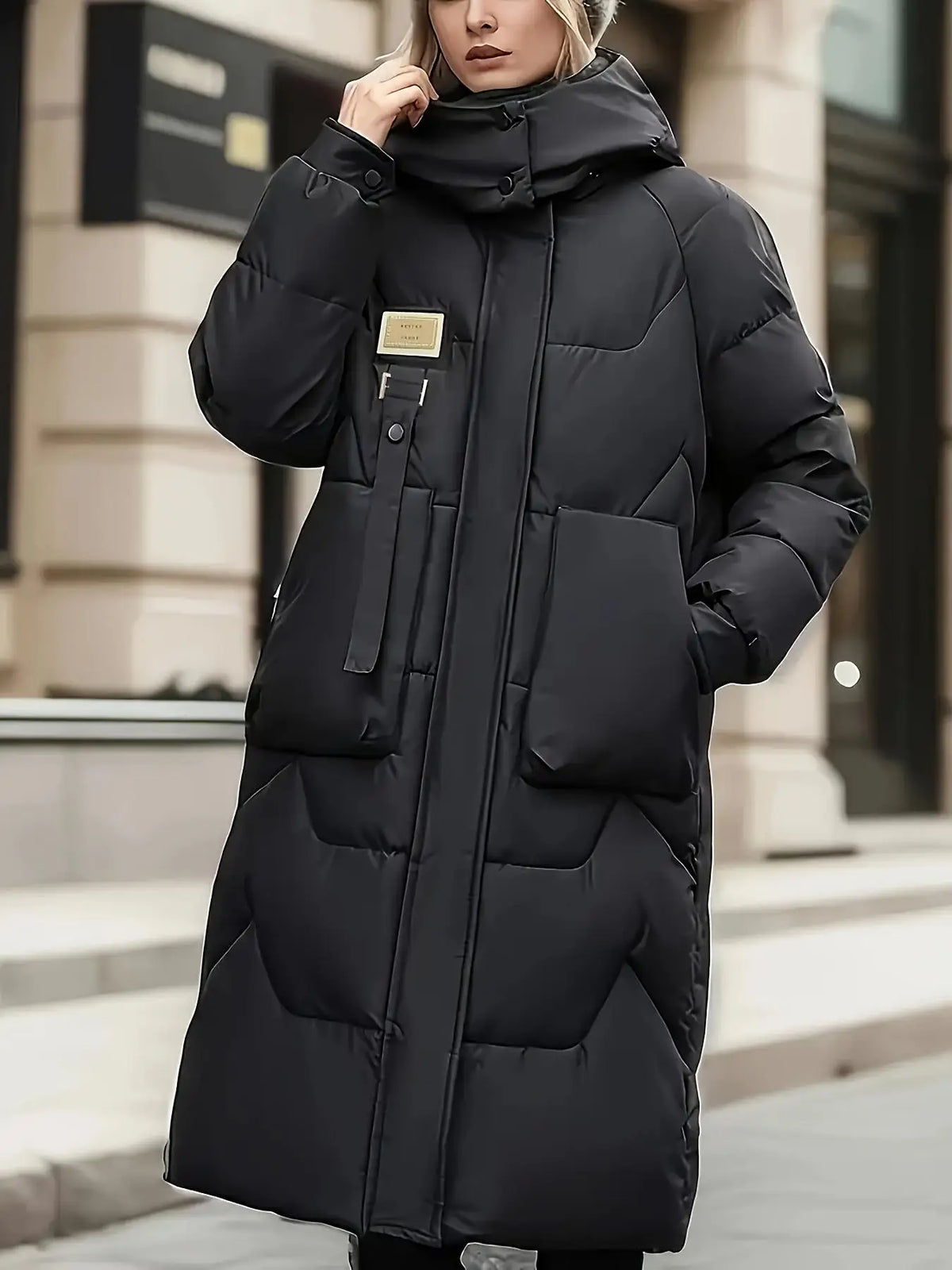 Langer Steppmantel mit Kapuze und Taschen für Damen