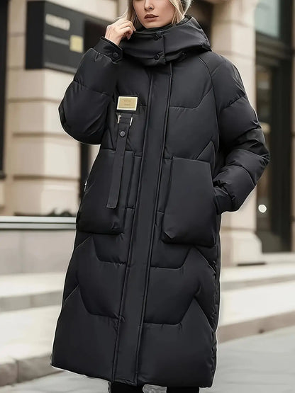 Langer Steppmantel mit Kapuze und Taschen für Damen