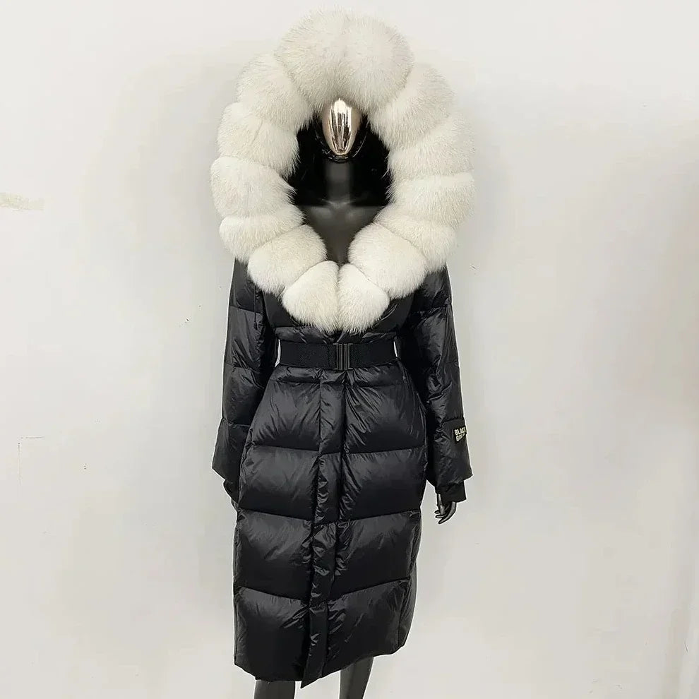 Women's long winter quilted coat with faux-fur hood and belt