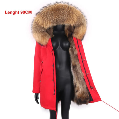 Long winter parka coat with hood and fur trim for women