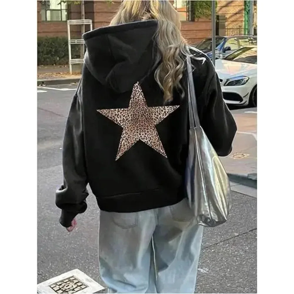 Women's hoodie with leopard star print on the back, oversized hooded sweatshirt