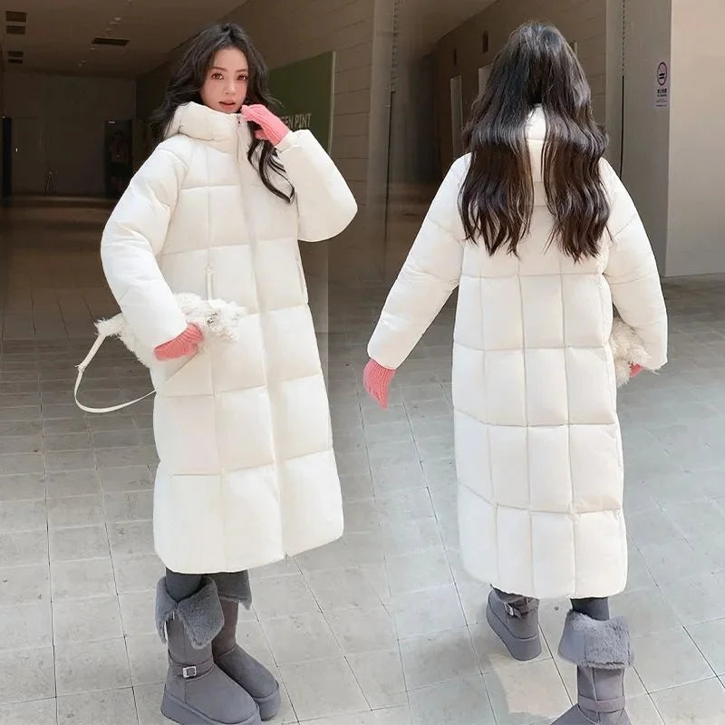 Long quilted coat with hood for women, winter