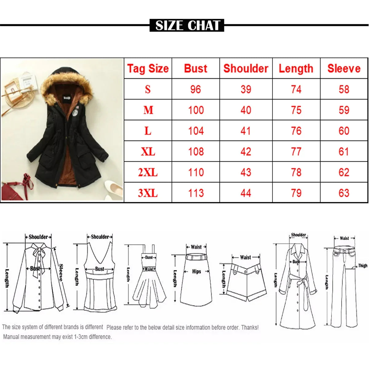 Women's winter parka with hood, faux-fur lining, drawstring, warm jacket