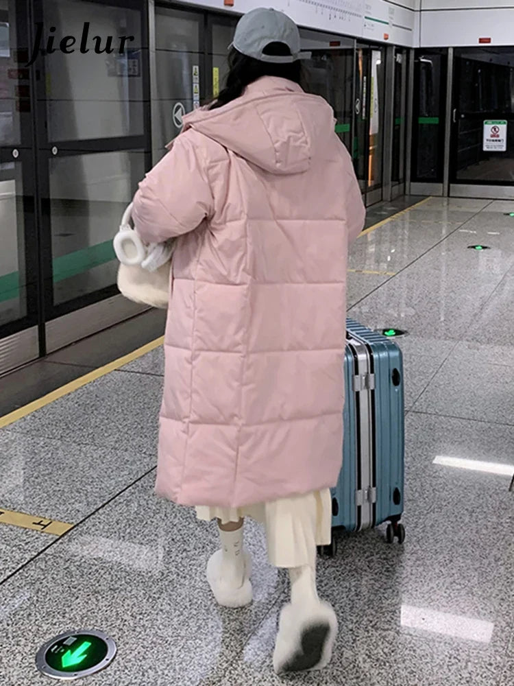 Women's long quilted coat with hood, solid colors