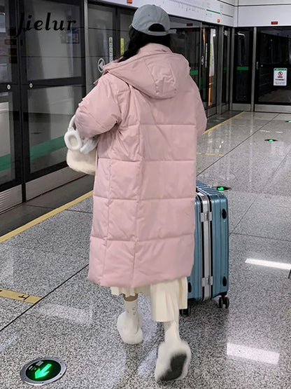 Women's long quilted coat with hood, solid colors