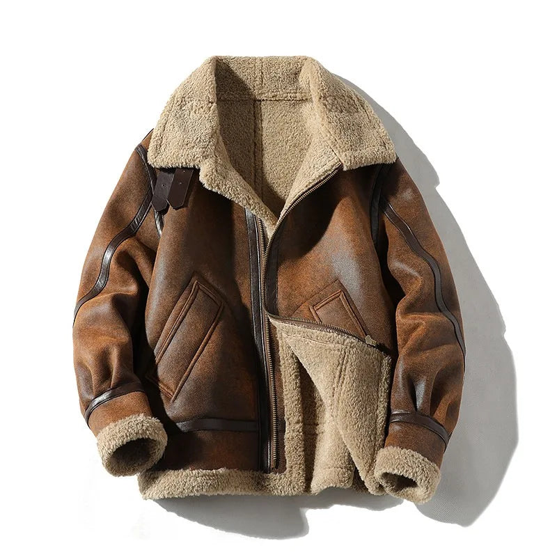 Men's aviator jacket winter shearling look brown warm faux leather jacket