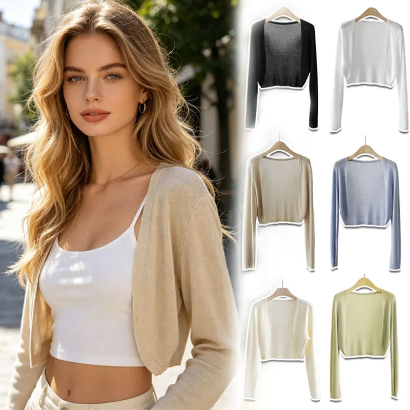 Damen Kurzstrickjacke Bolero dünn Langarm einfarbig