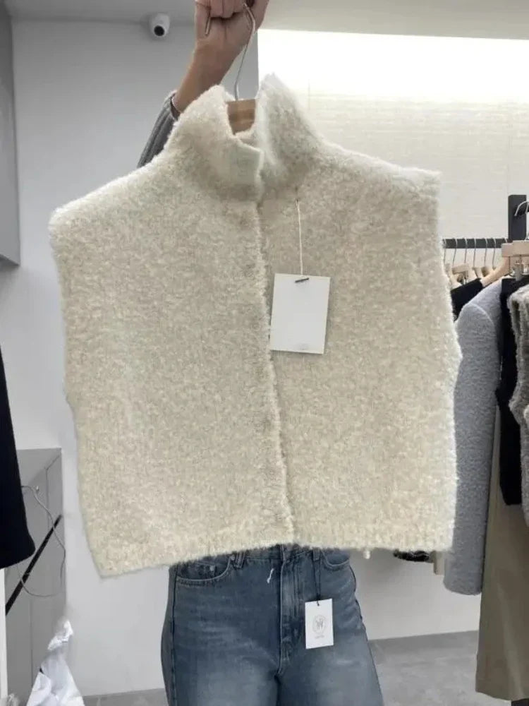 Women's bouclé-look knitted vest with turtleneck, sleeveless