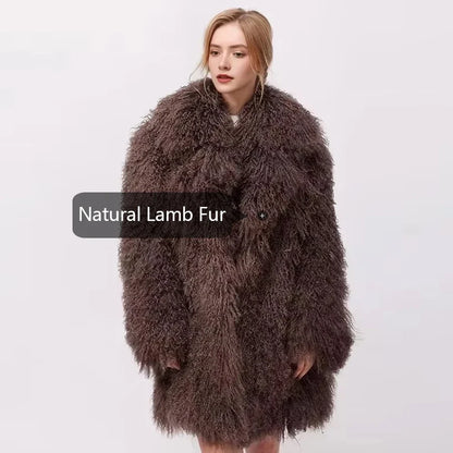 Damen Faux-Lammfell Mantel Langarm Zottelig Kunstfell Jacke