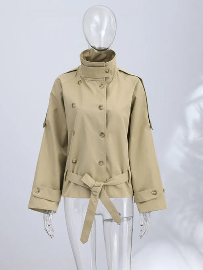 Damen Kurzmantel Jacke Beige Doppeltreiher Wickelgürtel Stehkragen