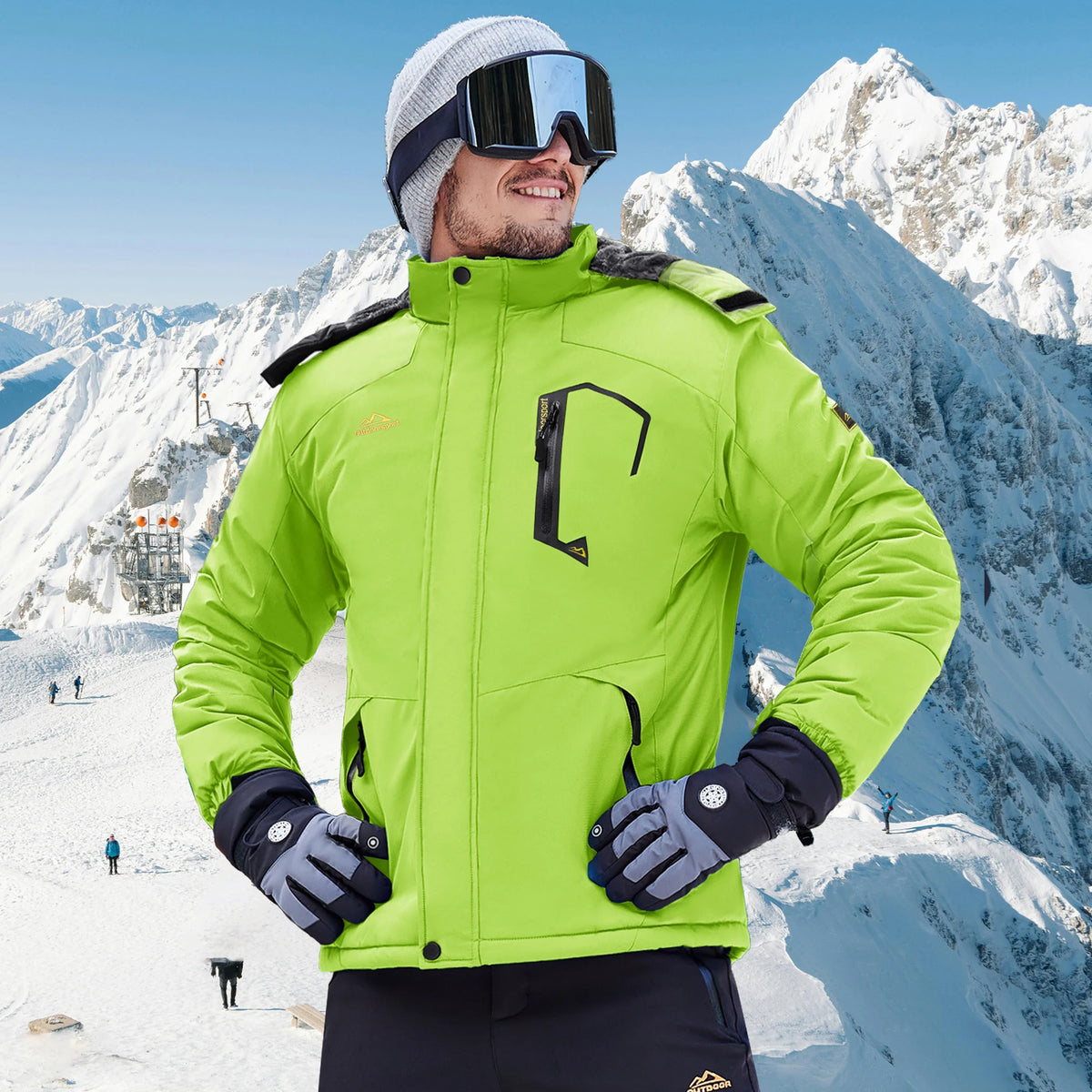 Herren Winterjacke Outdoor Skijacke mit Kapuze und Taschen Orange Grau