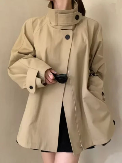 Damen Jacke Kurzer Trenchcoat Stehkragen Oversize khaki
