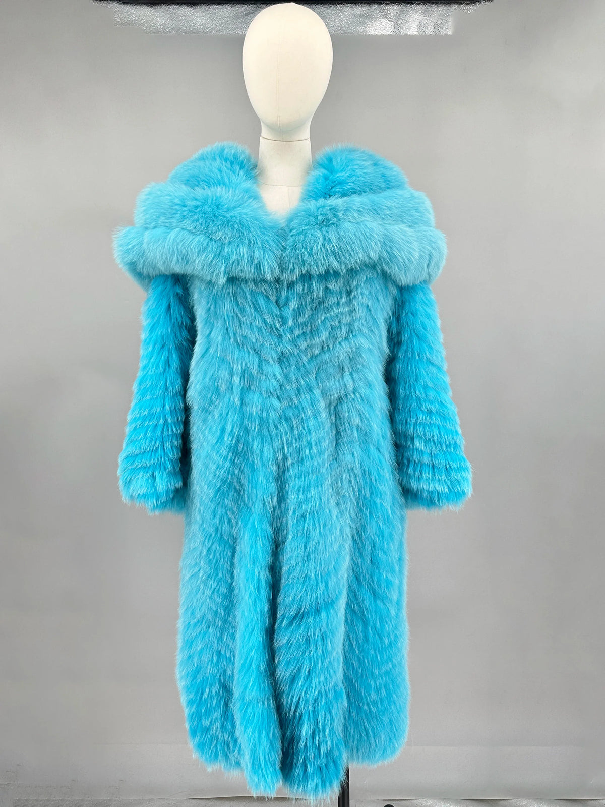 Long faux fur coat with large collar, multicolored stripes