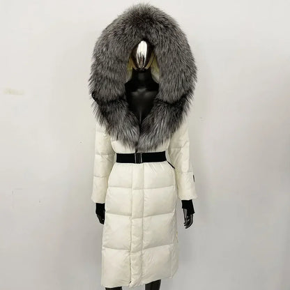 Women's long winter quilted coat with faux-fur hood and belt