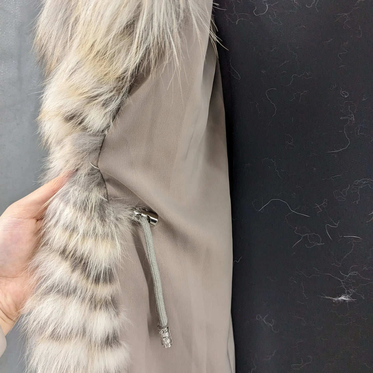 Long faux fur coat with large collar, multicolored stripes