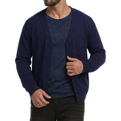 Men's V-neck cardigan with buttons and pockets, heathered look
