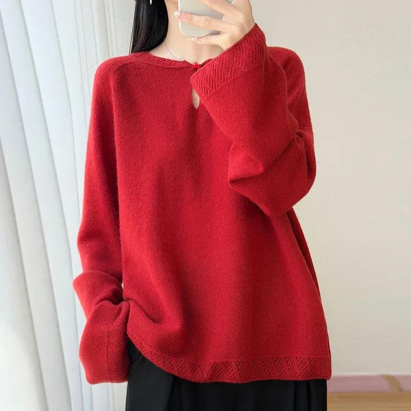 Women's Long-Sleeve Crewneck Sweater with Eyelet-Pattern Details