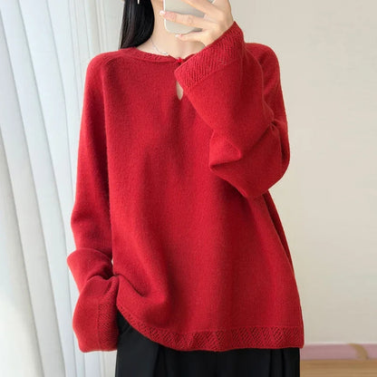 Women's Long-Sleeve Crewneck Sweater with Eyelet-Pattern Details